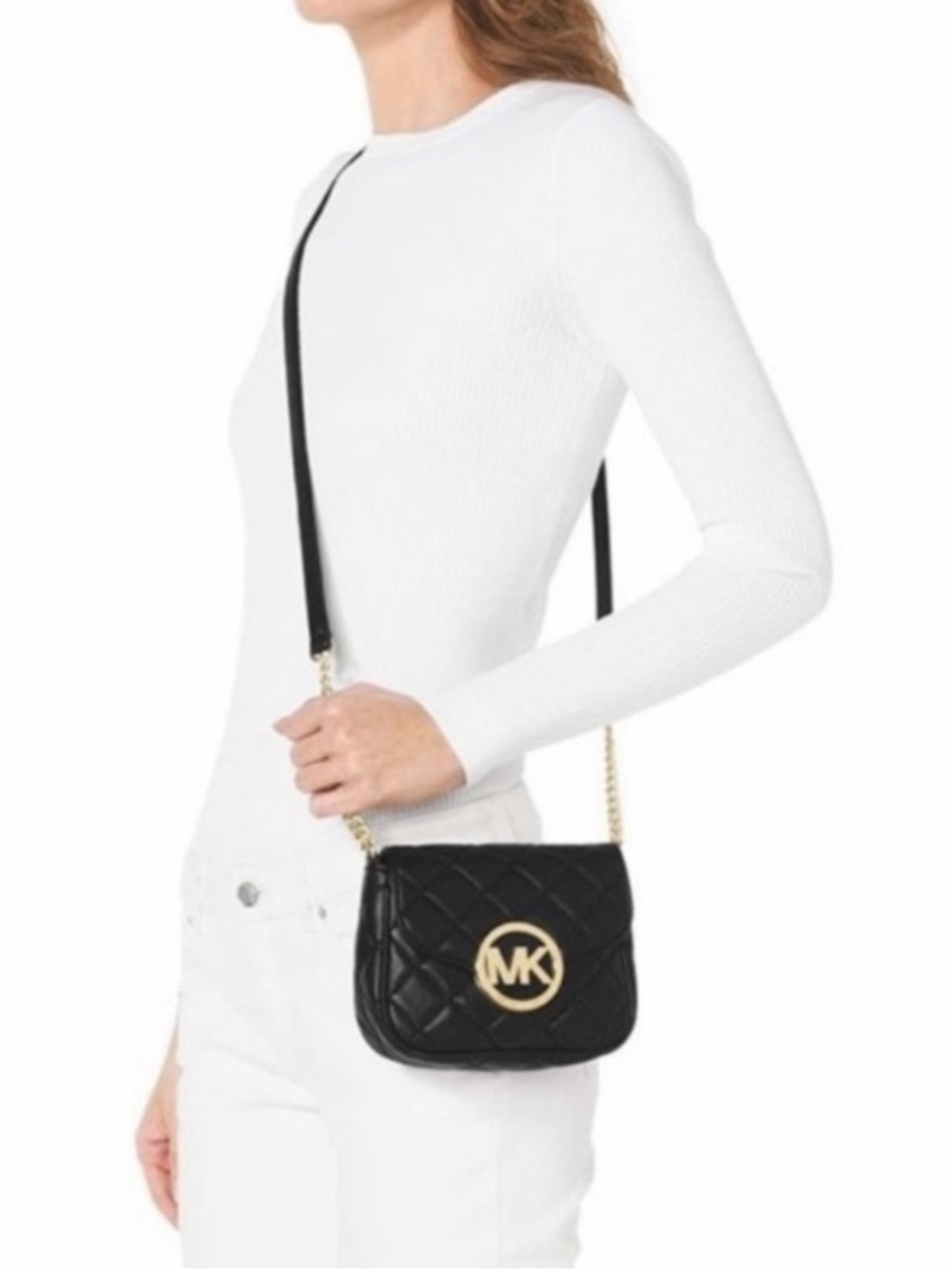 Michael Kors Black Quilted Leather Crossbody with Gold MK Emblem